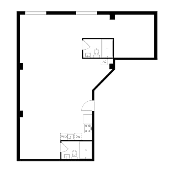 A black and white image of a floor plan with a kitchen, a bathroom, and a bedroom.