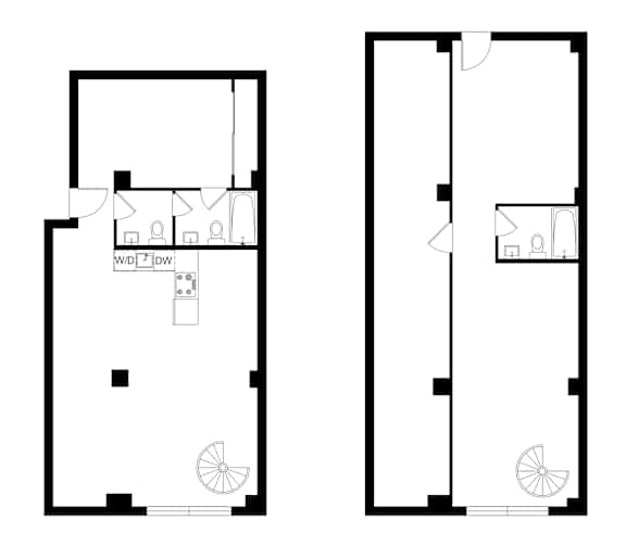 A floor plan of a two-story building with a living room, kitchen, and bathrooms.