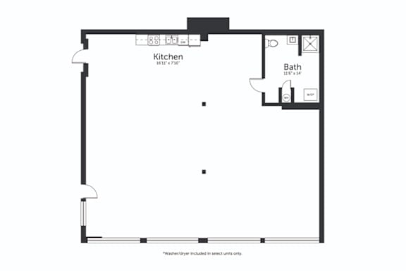 A floor plan of a room with a kitchen, bath, and a note that says "Furniture not included in affect unit only".