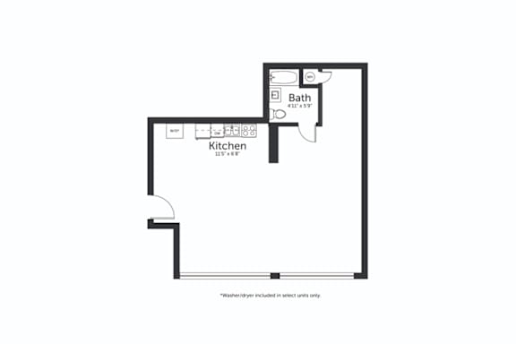 A floor plan of a house with a kitchen and bathroom.