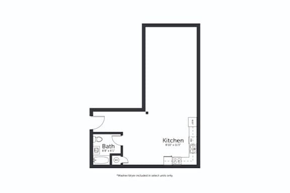 A floor plan of a kitchen with a bathroom attached.