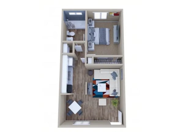 a stylized floor plan with a bedroom and a living room