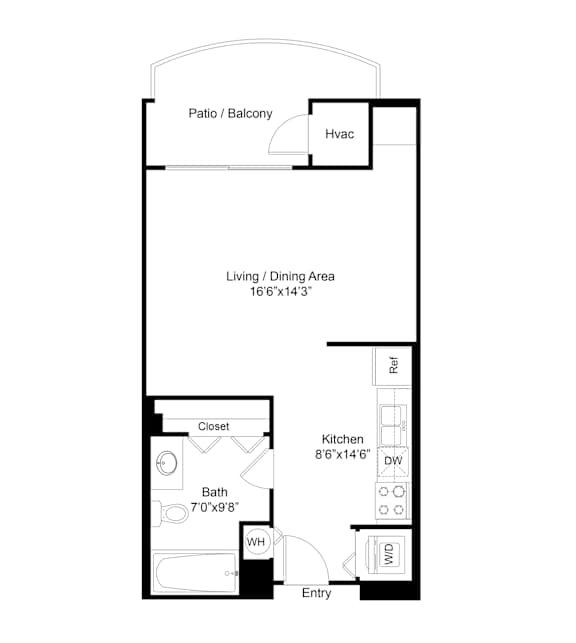 A floor plan of a home with a living area, kitchen, bathroom, and closet.