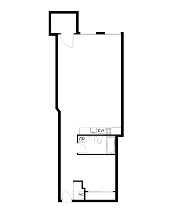 A drawing of a room with a floor plan that includes a bathroom and an air conditioner.