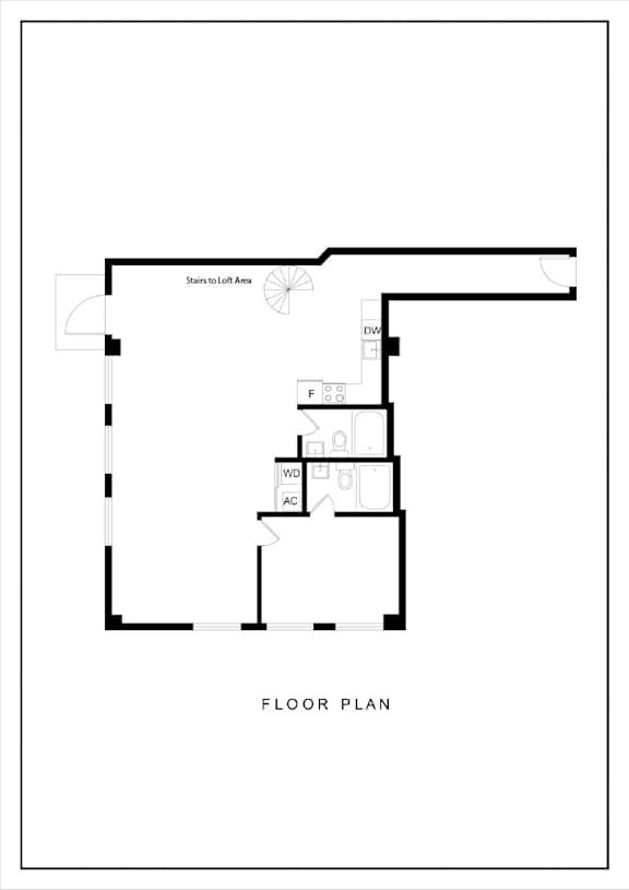 A black and white floor plan shows a layout with a door, a window, and a staircase leading to a loft area.