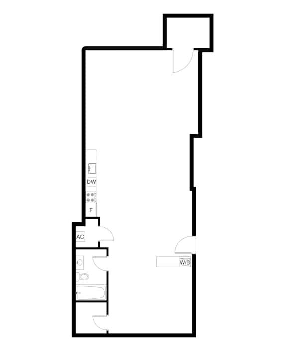 A drawing of a room with a door, a window, and a fireplace.