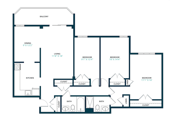 A floor plan of a house with a balcony, two bedrooms, a living room, a dining room, a kitchen, and two bathrooms.
