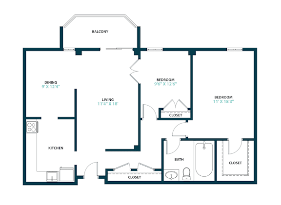 A floor plan of a house with a balcony, two bedrooms, a living room, a dining room, a kitchen, and a bathroom.