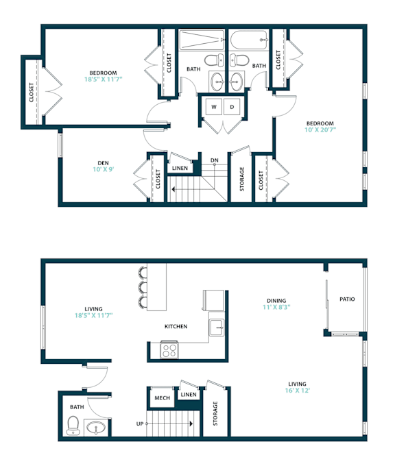 A floor plan of a two-bedroom apartment with a living room, dining room, kitchen, and bathroom.