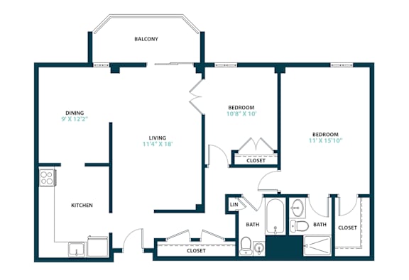 A floor plan of a house with a balcony, two bedrooms, a living room, a kitchen, and two bathrooms.