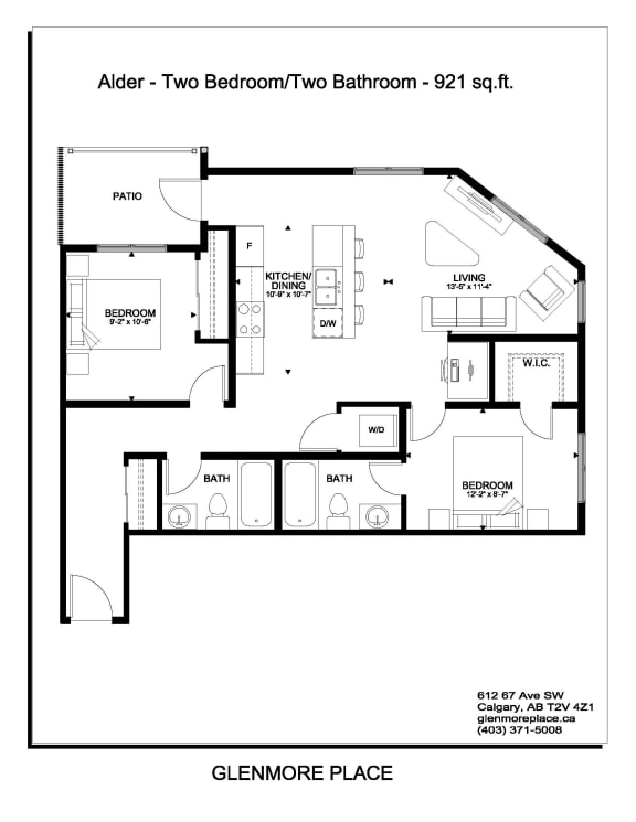 the floor plan of the two bedroom two bathroom apt