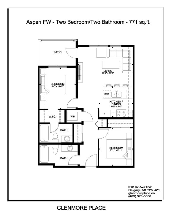 the floor plan of the two bedroom two bathroom apt