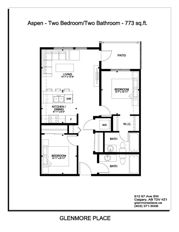 the floor plan of the two bedroom two bathroom apt