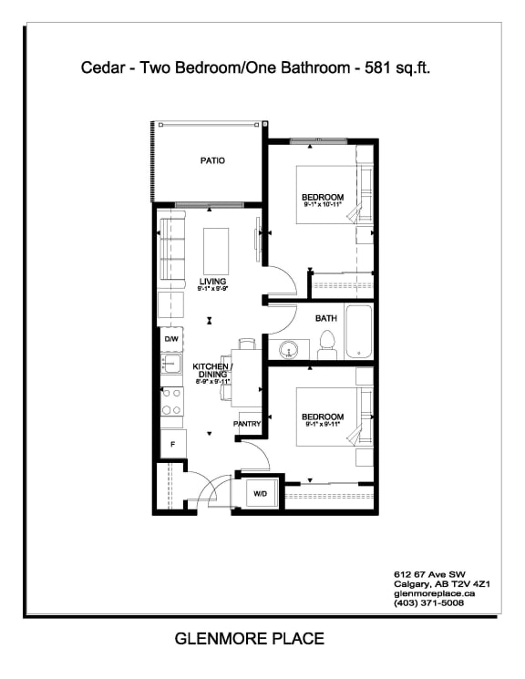 the floor plan of cedar two bedroom one bathroom apt