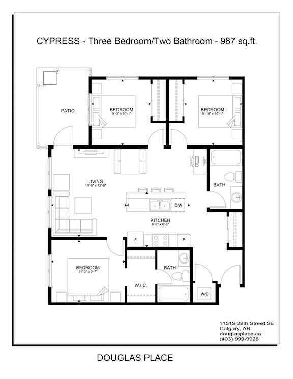 A floor plan for a CYPRESS apartment with three bedrooms and two bathrooms.