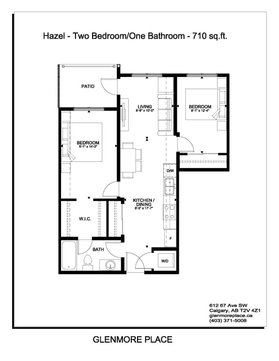 floor plan of the two bedroom one bathroom floor plan