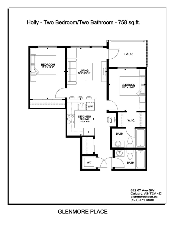 the floor plan of the two bedroom two bathroom 417 sq ft