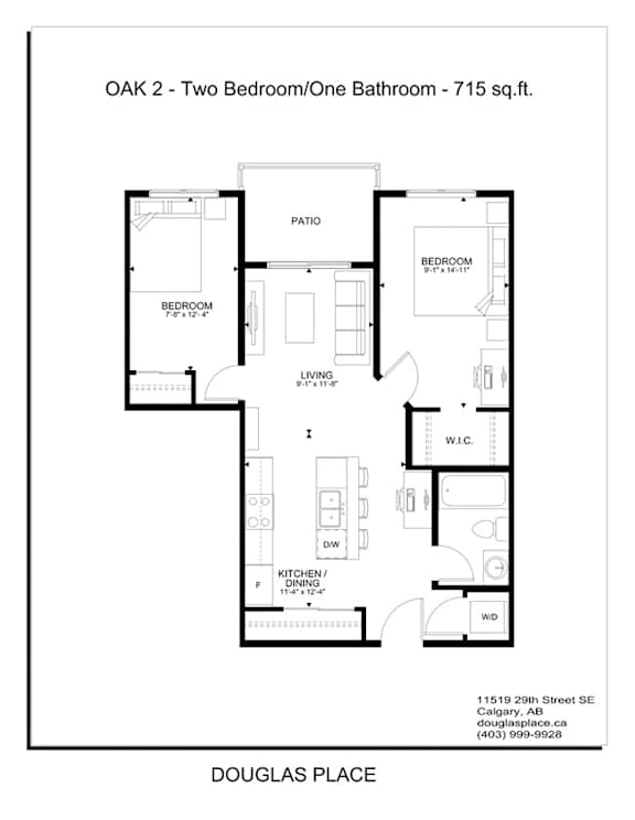 A floor plan for a two bedroom apartment with one bathroom.