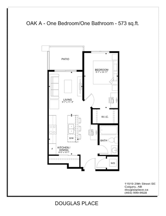 A black and white image of a floor plan for a one bedroom/one bathroom apartment at Douglas Place.