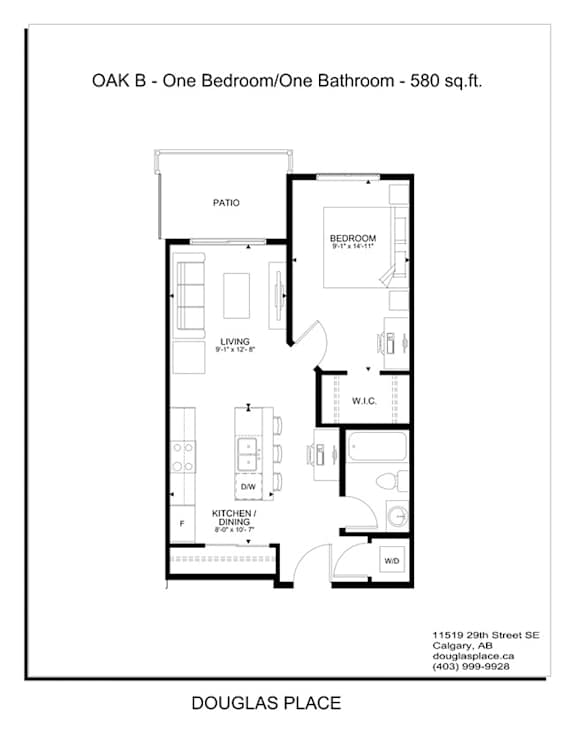 A floor plan for a one bedroom/one bathroom apartment at Douglas Place.