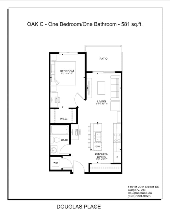 A floor plan for a one bedroom/one bathroom apartment at Douglas Place.