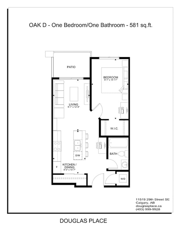 A floor plan for a one bedroom/one bathroom apartment at Douglas Place.