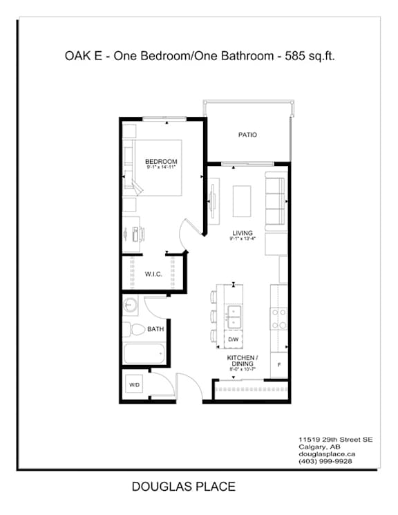 A floor plan for a one bedroom/one bathroom apartment at Douglas Place.
