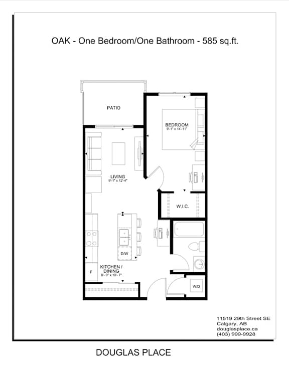 A floor plan for a one bedroom/one bathroom apartment at Douglas Place.