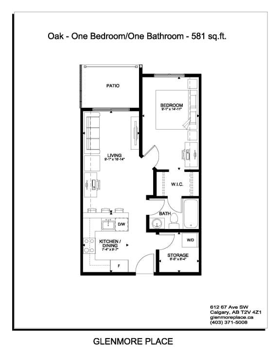 the floor plan of oak one bedroom one bathroom 417 sq ft