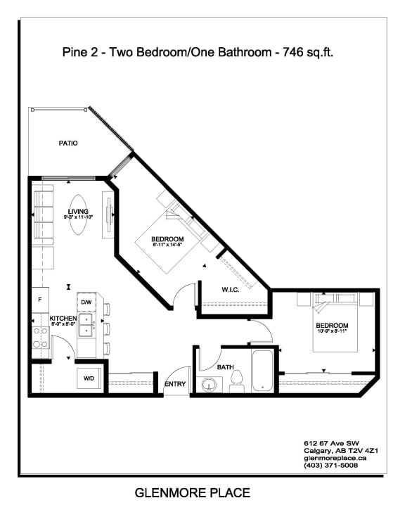 the floor plan of the two bedroom one bathroom 417 sq ft