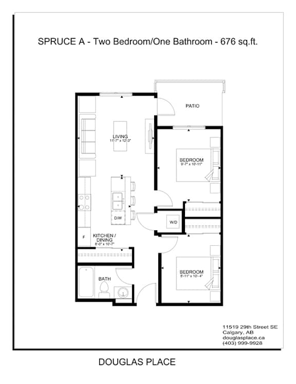 A floor plan for a two bedroom/one bathroom apartment.