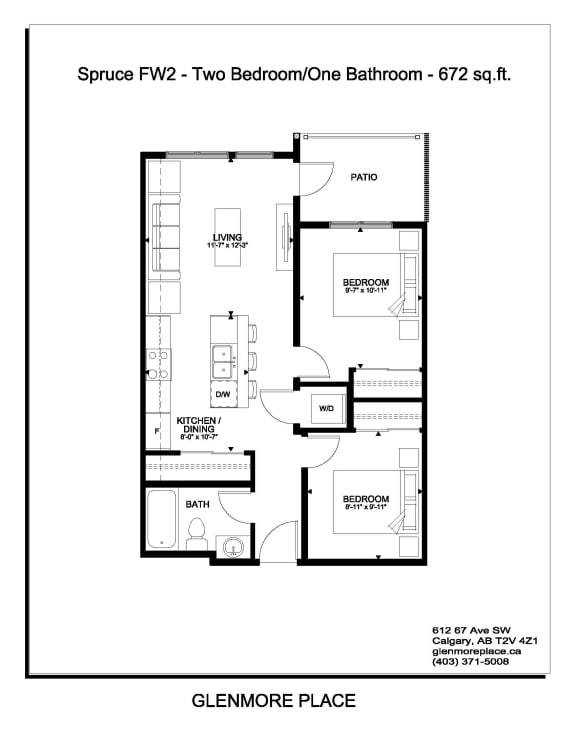 the floor plan of the two bedroom one bathroom apt