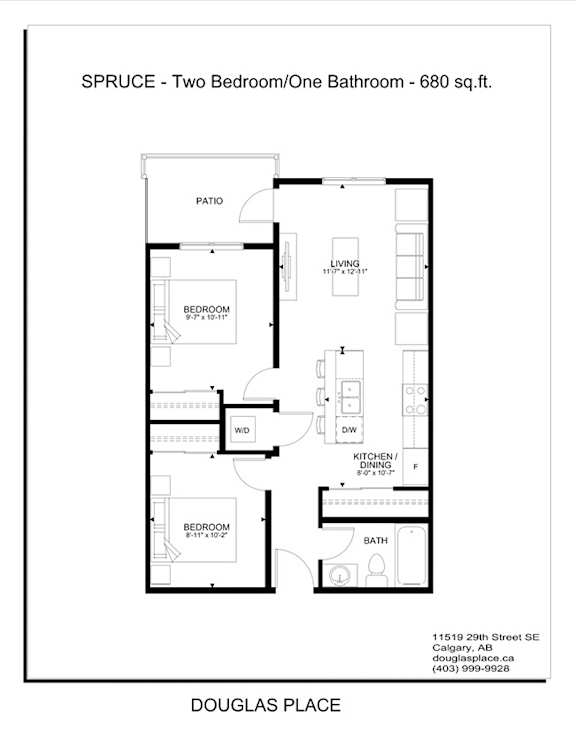 A floor plan for a 680 square foot two bedroom, one bathroom apartment.