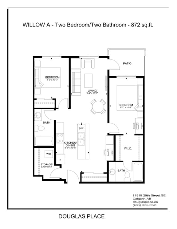 A floor plan for a two bedroom/two bathroom apartment.