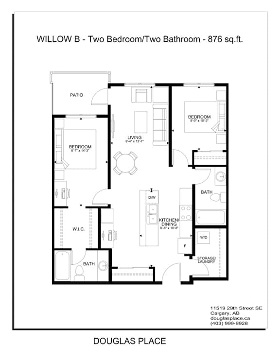 A floor plan for a two bedroom/two bathroom apartment.