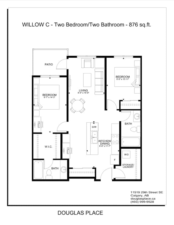 A floor plan of a two bedroom/two bathroom apartment.
