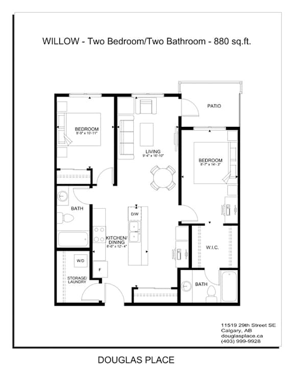 A floor plan of a two bedroom, two bathroom apartment.
