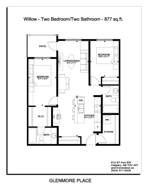the floor plan of the two bedroom two bathroom apt