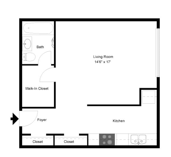 A floor plan of a small apartment with a living room, kitchen, bathroom, and closets.