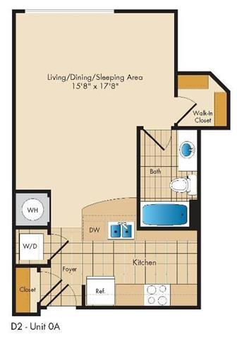A floor plan of a D2 - Unit 0A apartment with a living/dining/sleeping area, kitchen, bath, and foyer.