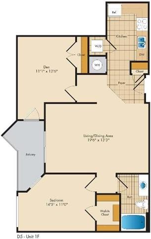 A floor plan of a one bedroom apartment with a living/dining area, bedroom, and bathroom.
