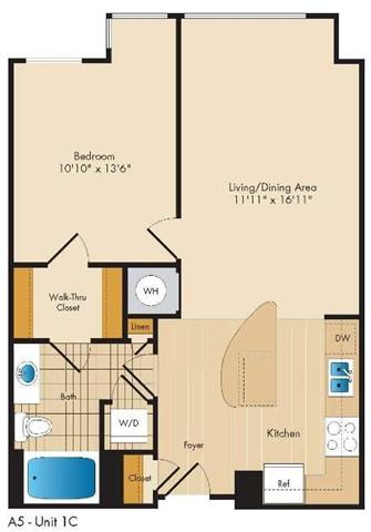 A floor plan of a unit with a bedroom, living/dining area, kitchen, bath, and closet.