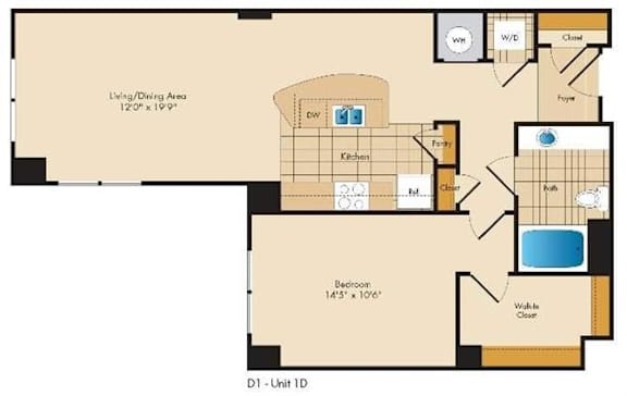 A floor plan of a one bedroom apartment with a living/dining area and a bedroom.