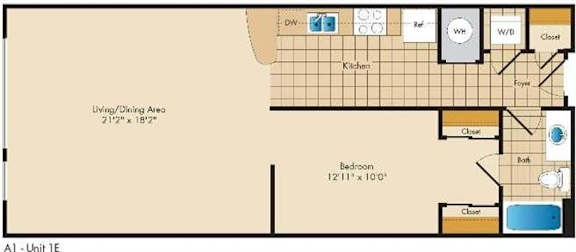 A floor plan of a one bedroom apartment with a living/dining area and a bedroom.