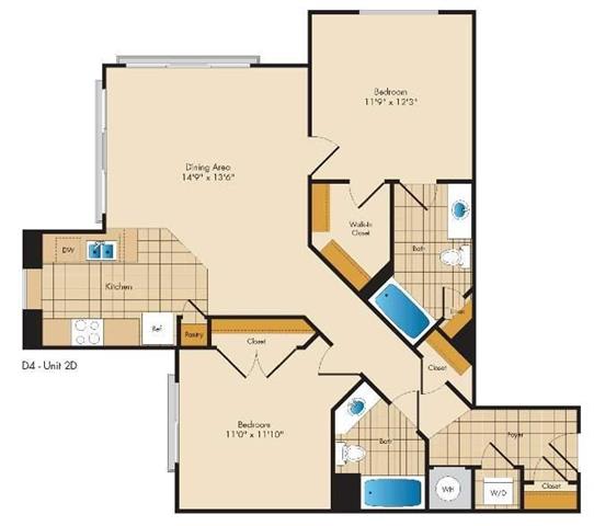 A floor plan of apartment D4-Unit 20 with dimensions and room labels.