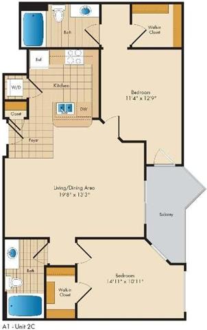 A floor plan of an apartment with two bedrooms, a living area, and a kitchen.