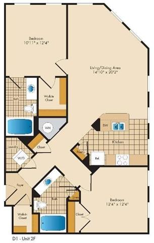 A floor plan of a two-bedroom apartment with a living/dining area, kitchen, and bathroom.