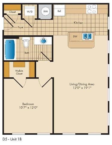 A floor plan of a one bedroom apartment with a living/dining area and a bedroom.