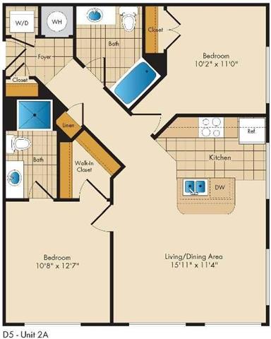A floor plan of apartment D5-Unit 2A showing the layout of the rooms.