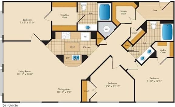 A floor plan of a D4 - Unit 3A apartment layout.